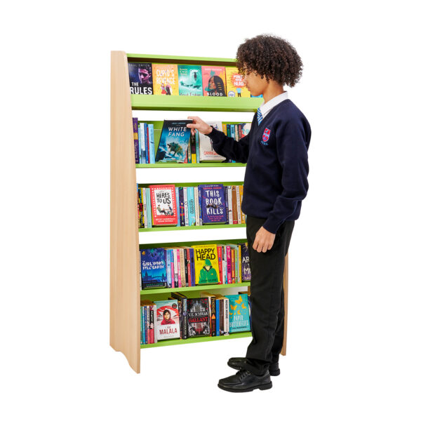 library shelf with books and student