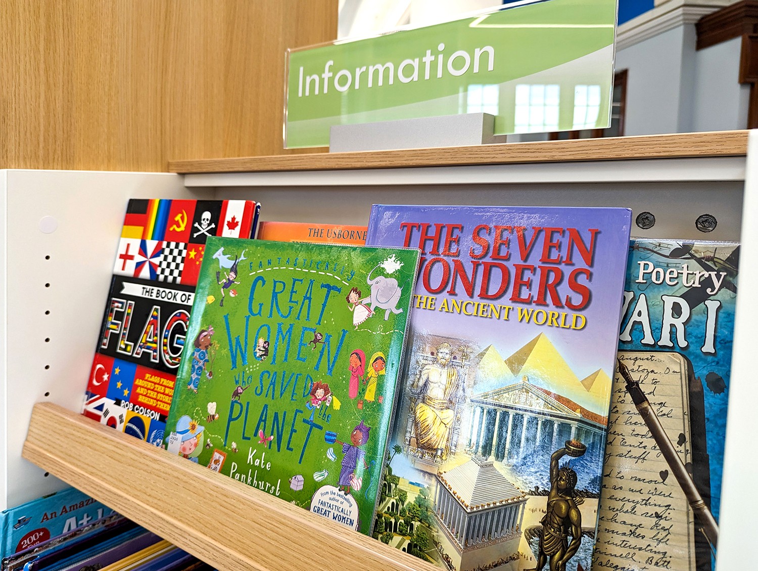 information bookshelf for children with face-out books