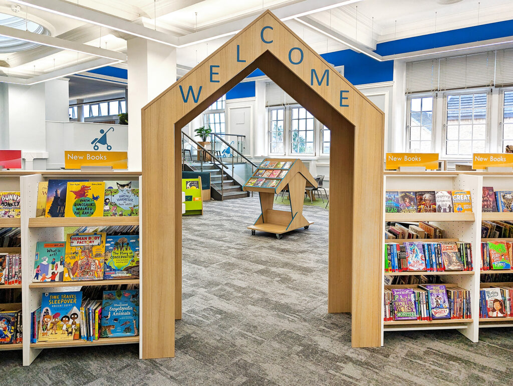 Welcome arch with bookcases leading into Motherwell Children's Library