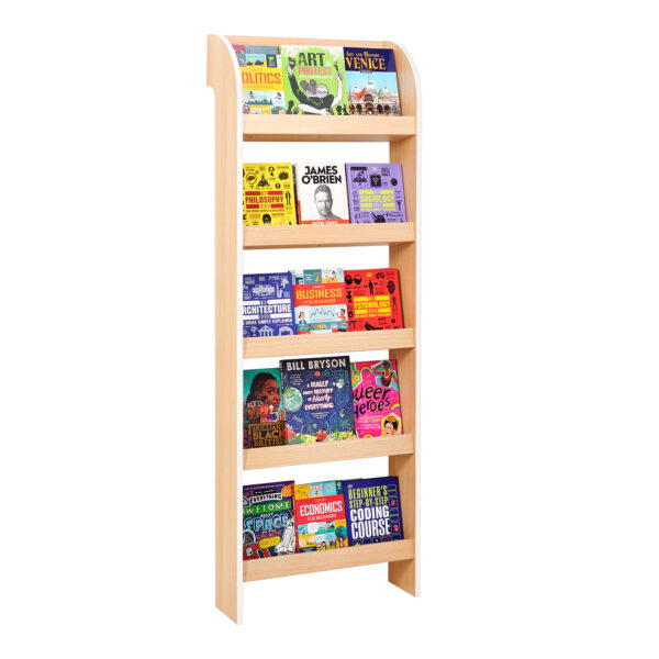 Single sided library shelving in oak and white
