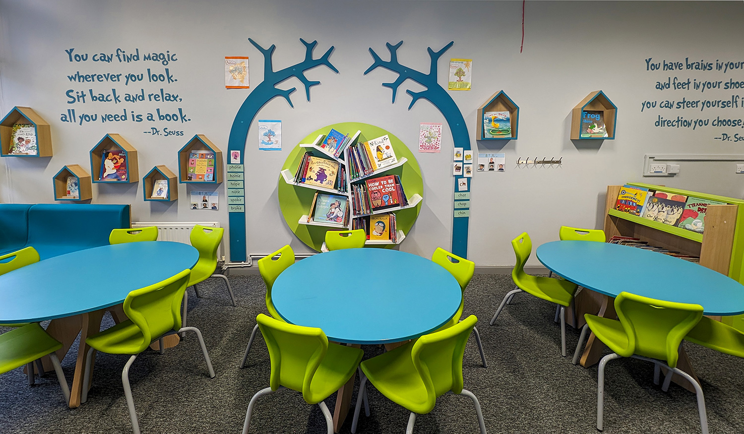 TABLES CHAIRS AND BOOK DISPLAY IN NUTURE SPACE