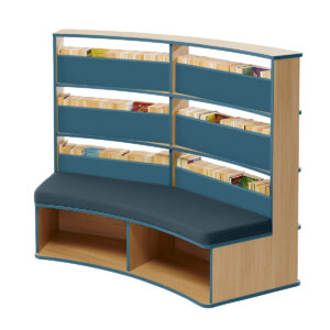 Curved bookcase with seat in oak and ocean blue