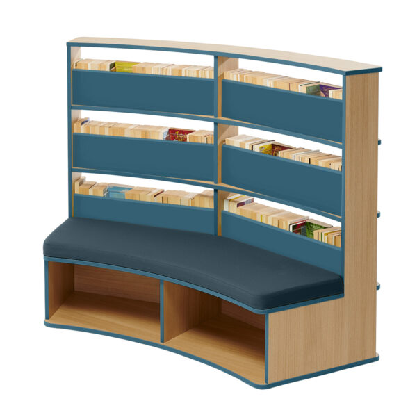 Curved bookcase with seat in oak and ocean blue