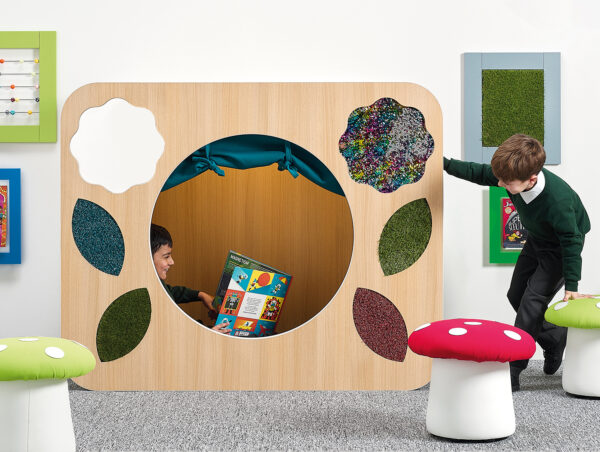 Sensory den nook pod with two boys reading tactile textures lighting primary school