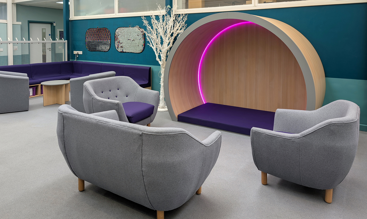 sofas armchairs and bespoke igloo shaped feature with LED lighting