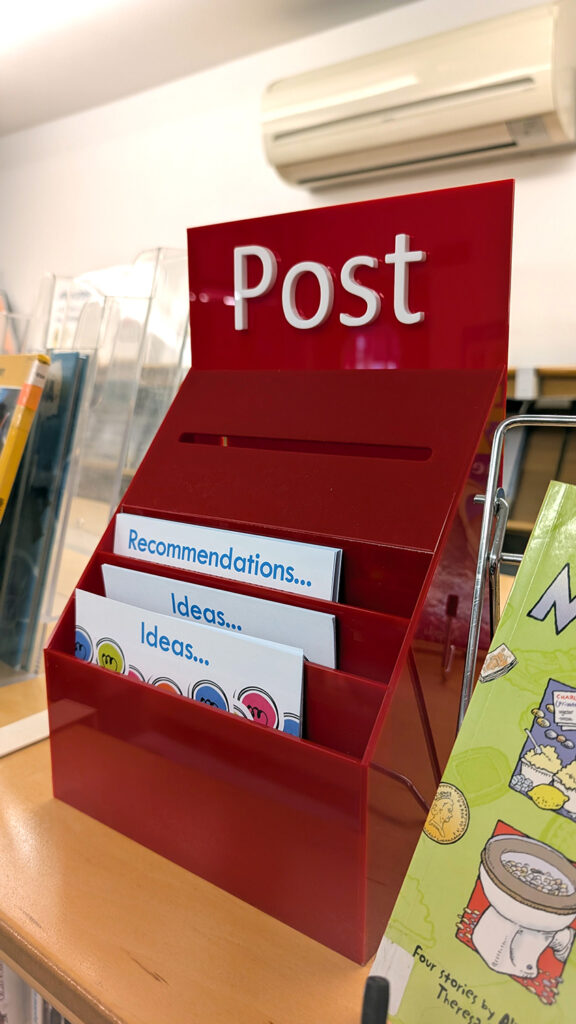 school postbox for book suggestions, ideas and recommendations
